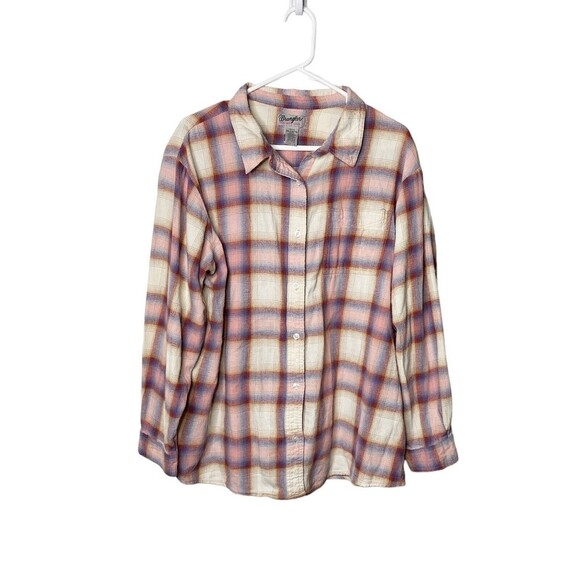 Wrangler Wrancher Womens XXL Top Long Sleeve Plaid Button Down Shirt Pink Cotton - Picture 1 of 9